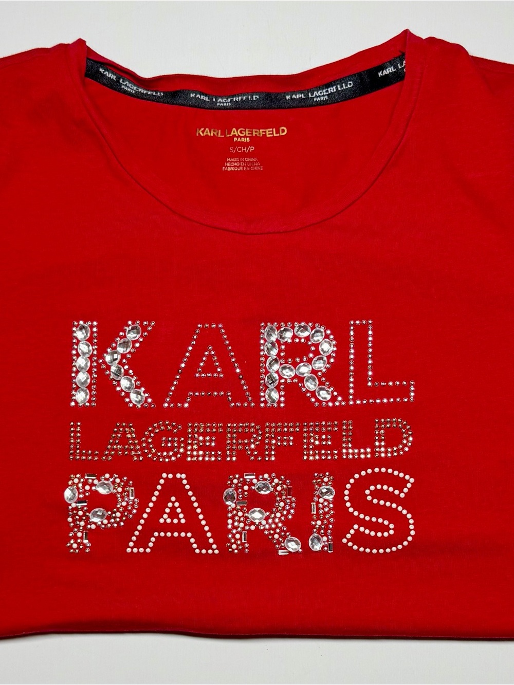 Karl Lagerfeld Paris Red Rhinestone Logo T‑Shirt – Women’s Small